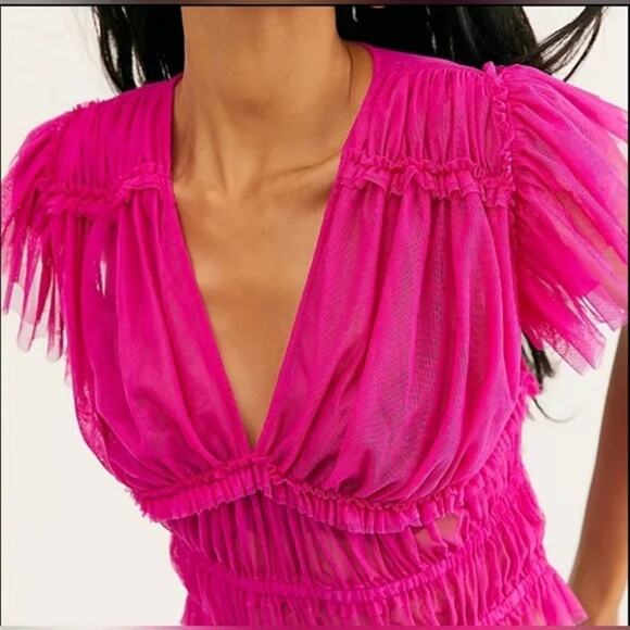 Free People Making Me Smile Pink Sheer Short Sleeve Blouse Women's Size Medium - Picture 2 of 10